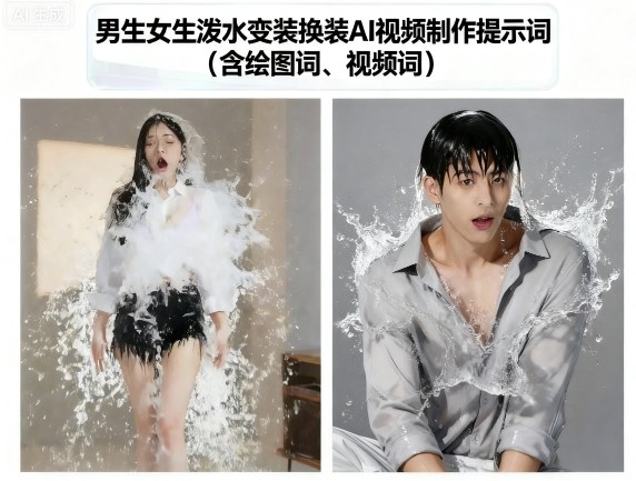 男生女生泼水变装换装AI视频制作提示词(含绘图词、视频词)