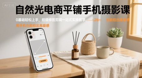 自然光电商平铺手机摄影课，0基础轻松上手，拍摄修图剪辑一站式实操教学，用手机也能拍出高级感