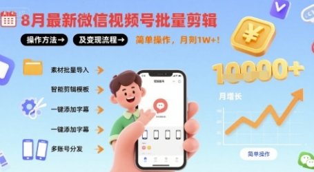 8月最新微信视频号批量剪辑操作方法及变现流程，简单操作，月入1w+