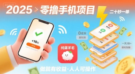 2025年零撸手机项目,二十秒一单,纯薅羊毛 一天2张+做就有