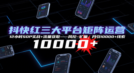 抖快红三大平台矩阵运营，12小时SOP实战+流量获取-风控-扩量，月引10000+线索
