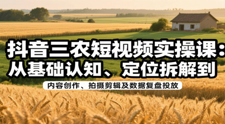 抖音三农短视频实操课：从基础认知、定位拆解到内容创作、拍摄剪辑及数据复盘投放