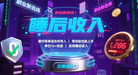 副业新选择！操作简单适合所有人，零经验也能上手，单日1k+收益，实现睡后收入【揭秘】