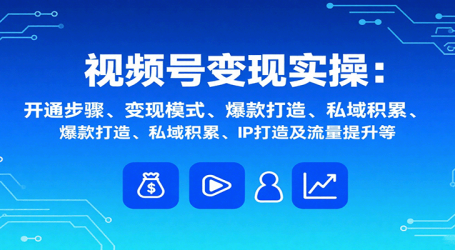 视频号变现实操，含开通步骤、变现模式、爆款打造、私域积累、IP打造及流量提升等