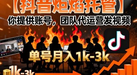 【抖音炬焰托管】你提供账号，团队代运营发视频，单号月入1k+【揭秘】