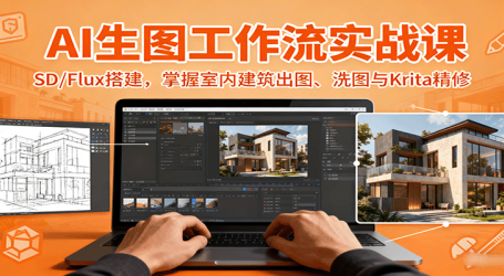 AI生图工作流实战课：SD/Flux搭建，掌握室内建筑出图、洗图与Krita精修