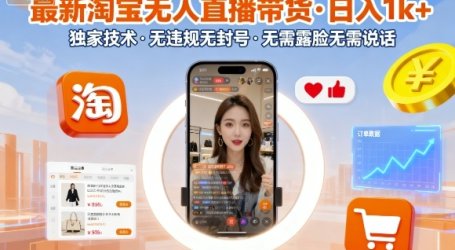 最新淘宝无人直播带货，日入1k+，独家技术，无违规无封号，无需露脸无需说话【揭秘】
