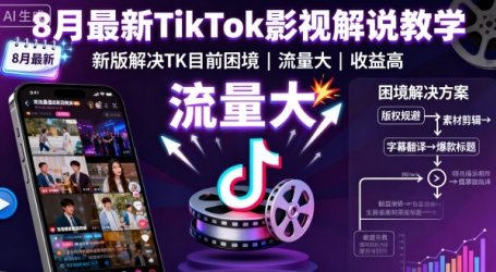 8月最新TikTok影视解说教学,新版解决TK目前困境,流量大,收益高