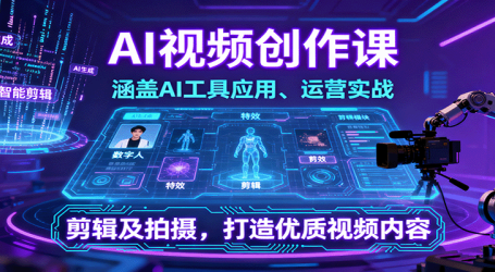AI视频创作课，涵盖AI工具应用、运营实战、剪辑及拍摄，打造优质视频内容