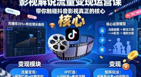 影视解说流量变现运营课，带你触碰抖音影视真正的核心