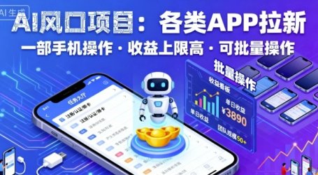 AI风口项目，各类APP拉新，一部手机就可以操作，收益上限高，可批量操作