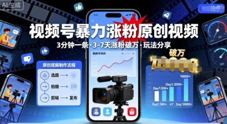 视频号暴力涨粉原创视频，3分钟一条原创视频，3-7天涨粉破万，玩法分享给你