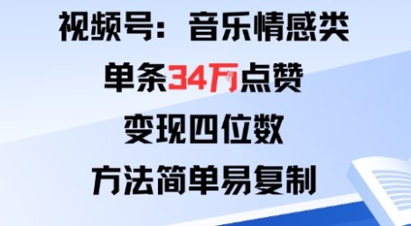 视频号分成计划新玩法：音乐情感类单条34W点赞，变现四位数，方法简单易复制