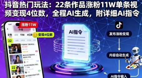 抖音热门玩法：22条作品涨粉11W单条视频变现4位数，全程AI生成，附详细AI指令