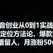 抖音创业从0到1实战课：掌握定位方法论、爆款元素、直播留人，月涨粉50w+