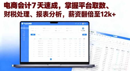 电商会计7天速成，掌握平台取数、财税处理、报表分析，薪资翻倍至12k+