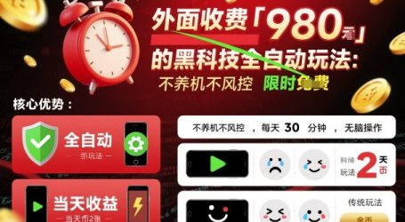 外面收费980的黑科技全自动玩法,不养机不风控,每天30分钟,无脑操作,当天收益2张【揭秘】