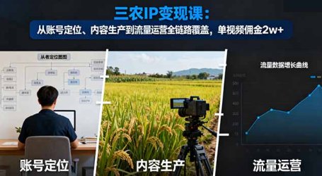 三农IP变现课：从账号定位、内容生产到流量运营全链路覆盖，单视频佣金2w+