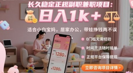 长久稳定正规副职兼职项目,日入1k+,适合小白宝妈,居家办公,带娃挣钱两不误【揭秘】