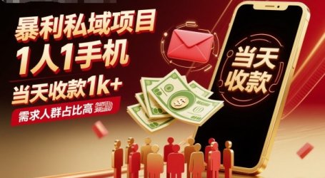 暴利私域项目1人1手机,当天收款1k+,需求人群占比高,当天就能见到钱