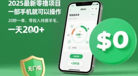 2025最新零撸项目,一部手机就可以操作,20秒一单,零投入纯薅羊毛,无门槛,一天200+【揭秘】