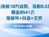 一条视频18W点赞,涨粉6.5W粉佣金8541米,视频号+抖音=王炸