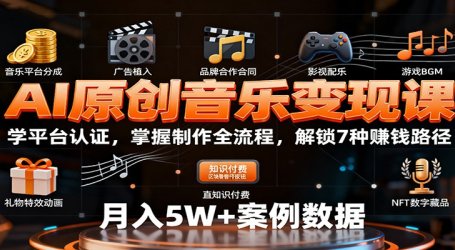 AI原创音乐变现课：学平台认证，掌握制作全流程，解锁7种赚钱路径
