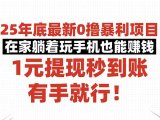 25年底最新0撸暴利项目，在家躺着玩手机也能赚钱，1元提现秒到账，有手…