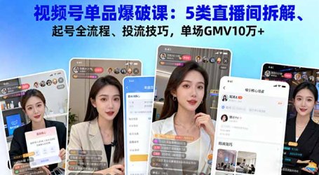 视频号单品爆破课：5类直播间拆解、起号全流程、投流技巧，单场GMV10万+