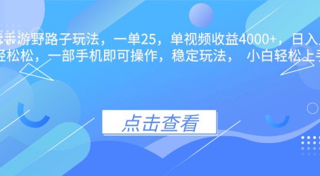 抖音手游野路子玩法,一单25,单视频收益4000+,日入几千轻轻松松,一…