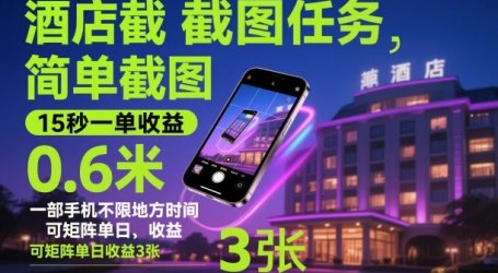 酒店截图任务,简单截图,15秒一单收益0.6米,一部手机不限地方时间,可矩阵单日收益3张【揭秘】