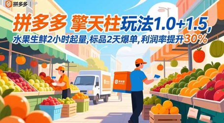 拼多多 擎天柱玩法1.0+1.5，水果生鲜2小时起量,标品2天爆单,利润率提升30%