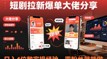 短剧拉新爆单大佬分享日入4位数实操经验,零粉丝就能做